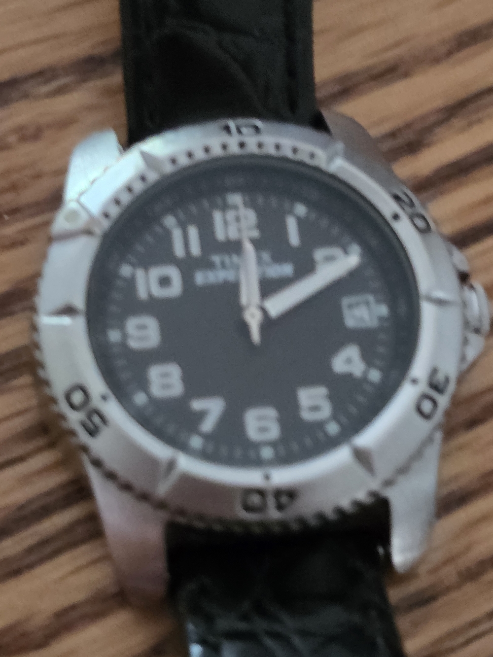 Womans Timex Expedition Black Dial Watch Croc Embossed Black Leather Strap